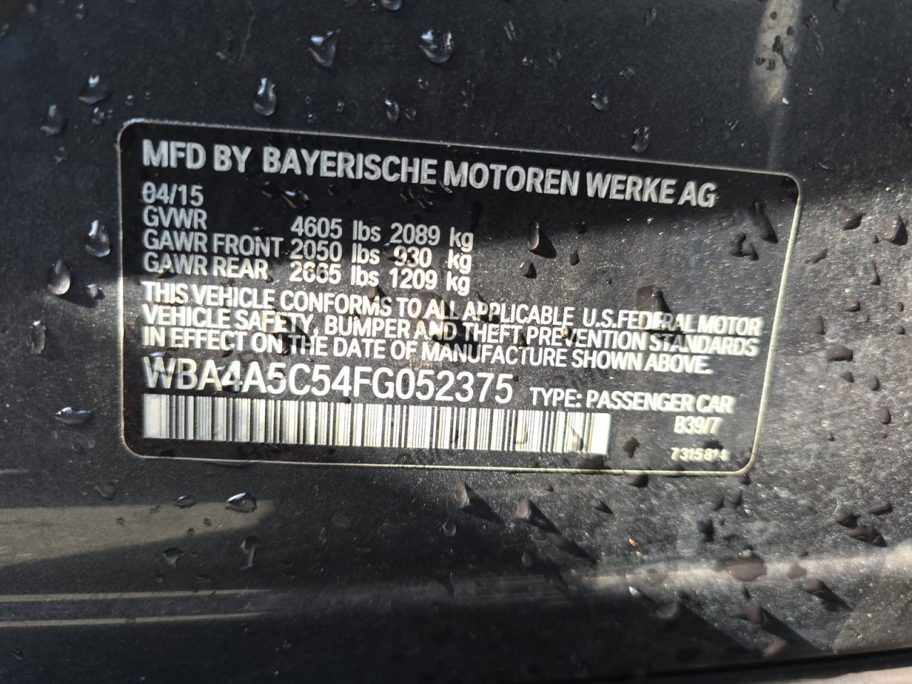 BMW 4 SERIES SEDAN 428 I SPT 2015